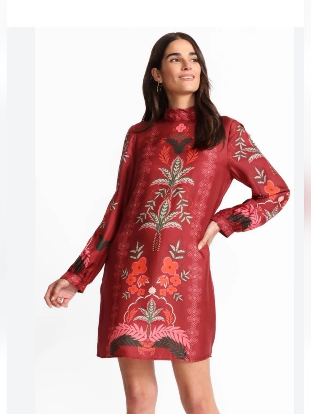 NWT Johnny Was Jade Kalova Red Floral Print Mock-Neck Shift Mini Dress Sz XL